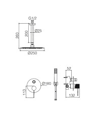 Built-in Complete Bathroom Set Imex Top Matt Black 2 Outlet Mixer & Inox Ceiling Code Ø25cm & Telephone with Bracket (GPQ038/NG)