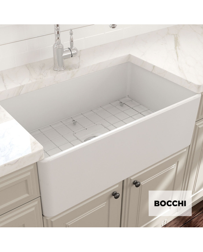 Bocchi Farmhouse White Porcelain Single Bowl 2-Sided Kitchen Sink (76x46 cm)