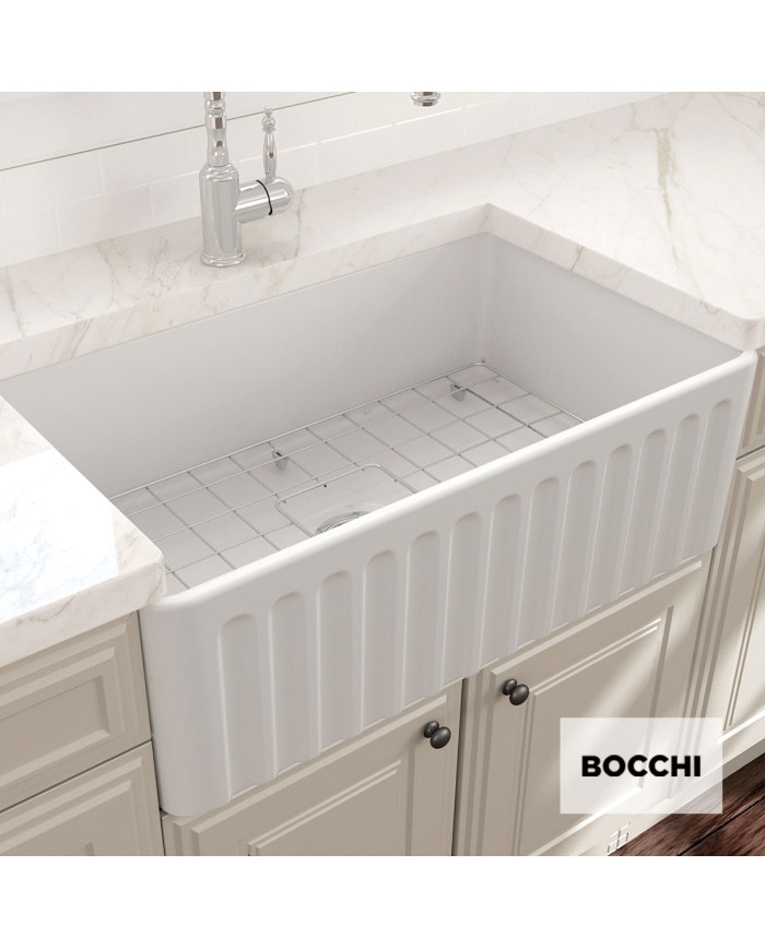 Bocchi Farmhouse White Porcelain Single Bowl 2-Sided Kitchen Sink (76x46 cm)
