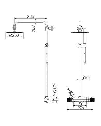 Στήλη Ντουζ Επεκτεινόμενη 3 Εξόδων Imex Line Μαύρο Ματ με Θερμοστατική Μπαταρία & Κεφαλή & Τηλέφωνο & Ρουξούνι  (BTD038-B/NG)