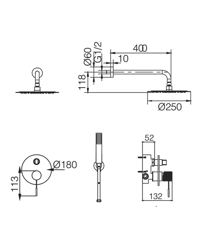 Built-in Complete Bathroom Set Imex Line Matt Black Thermostatic Mixer 2 Outlets & Inox Bell Ø25cm & Telephone (GTD038/NG)