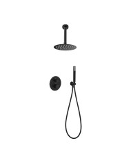 Built-in Complete Bathroom Set Imex Top Matt Black Thermostatic Mixer 2 Outlets Ceiling Code Inox Ø25cm & Telephone (GTQ038/NG)