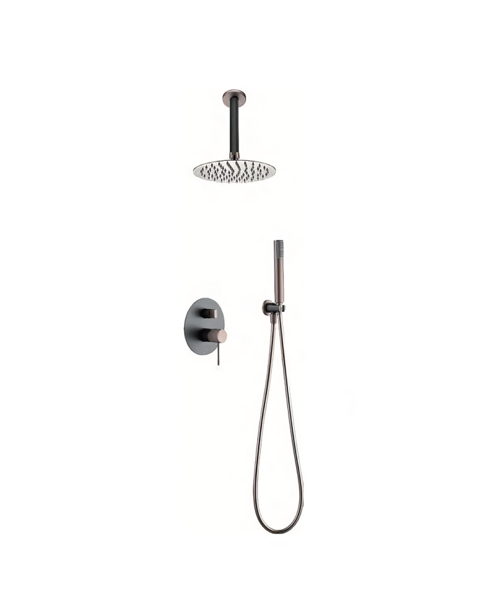 Built-in Complete Bathroom Set Imex Top Matt Grey - Champagne 2 Outlet Mixer & Inox Ceiling Code Ø25cm & Telephone (GPQ038/GC)