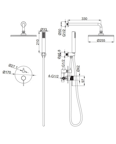 Εντοιχιζόμενο Πλήρες Σετ Λουτρού Tema Xenon Black Matt Μίκτης 2 Εξόδων Βραχίονας/Κώδωνας/Τηλέφωνο/ Παροχή-Στήριγμα (XEN 16010N)