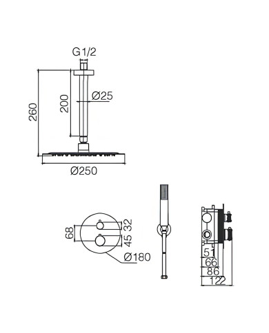 Εντοιχιζόμενο Πλήρες Σετ Λουτρού Imex Top Νίκελ Ματ Θερμοστατικός Μίκτης 2 Εξόδων Κώδ. Οροφής Inox Ø25εκ & Τηλέφωνο (GTQ038/NQ)