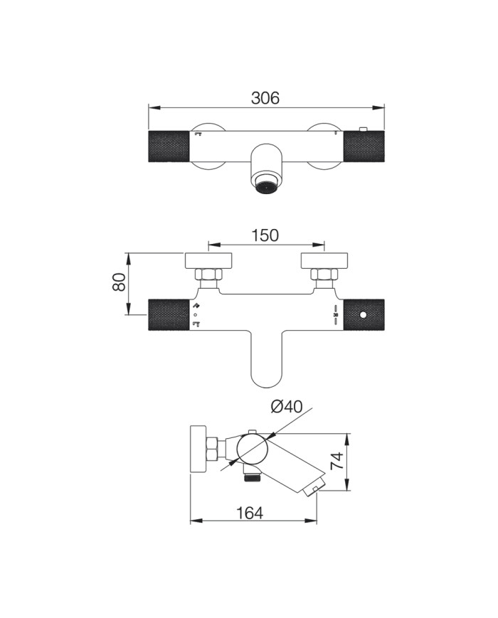 Thermostatic Bath Faucet Imex Line PVD Black Gun Metal Set Shower Head, Spiral & Base (BTD038-4BGM)