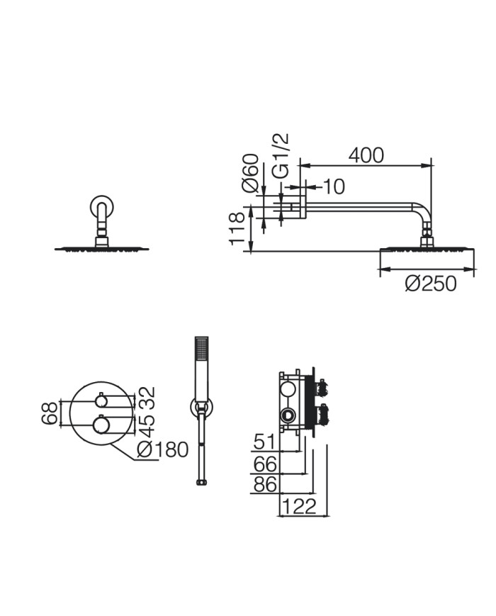 Built-in Complete Bathroom Set Imex Line PVD Gold Matt 2 Outlet Mixer & Inox Bell Ø25cm & Telephone & Bracket (GPD038/OC)