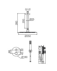 Built-in Complete Bathroom Set Imex Top Black PVD Gold Matt 2 Outlet Mixer & Inox Ceiling Code Ø25cm & Tel. (GPQ038/OC)