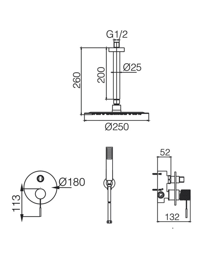 Εντοιχιζόμενο Πλήρες Σετ Λουτρού Imex PVD Χρυσό Ματ Θερμοστατικός Μίκτης 2 Εξόδων Κώδωνας Οροφής Inox & Τηλ. (GTQ038/OC)