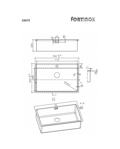 Νεροχύτης Ανοξείδωτος Ένθετος Λείος (Satin) Fortinox Squadro (76x50,5εκ.) με Μία Γούρνα (29075-110)