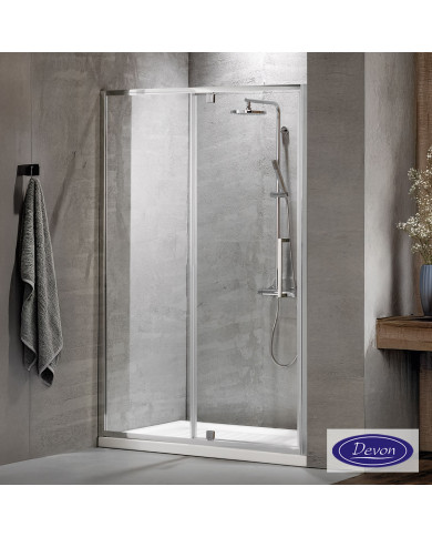 Devon Primus Pivot Shower Enclosure with Hinged Door, Clear Glass, Chrome Finish, 100cm (97-101 x 195cm), Clean Glass Coating