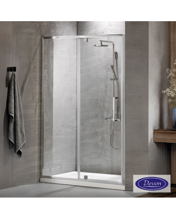Devon Primus Pivot Shower Enclosure with Hinged Door, Clear Glass, Chrome Finish, 100cm (97-101 x 195cm), Clean Glass Coating