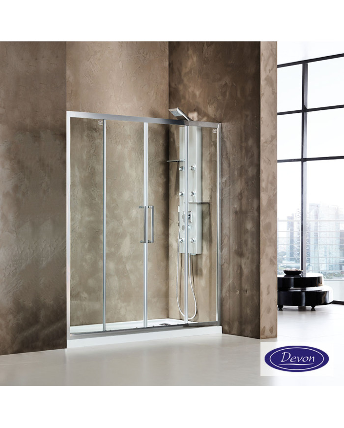 Devon Primus Plus Slider 2+2 Chrome Shower Enclosure with Sliding Entry Door, Clear Glass, 147-151 x 195 cm, Clean Glass Coating
