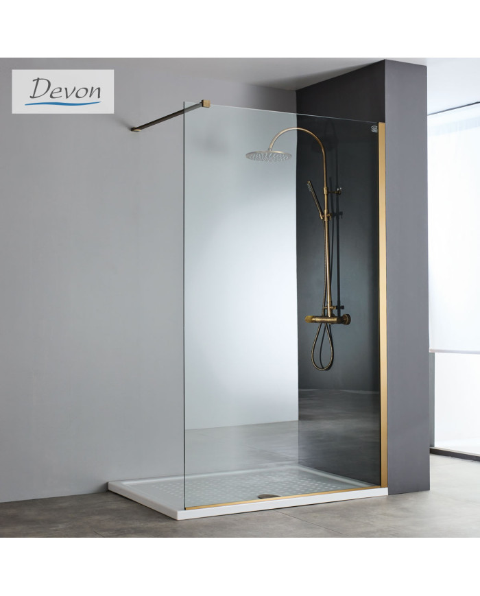 Devon Iwis Walk-In Fixed Shower Partition Panel Bronze Brushed PVD Clean Glass (70x200cm)