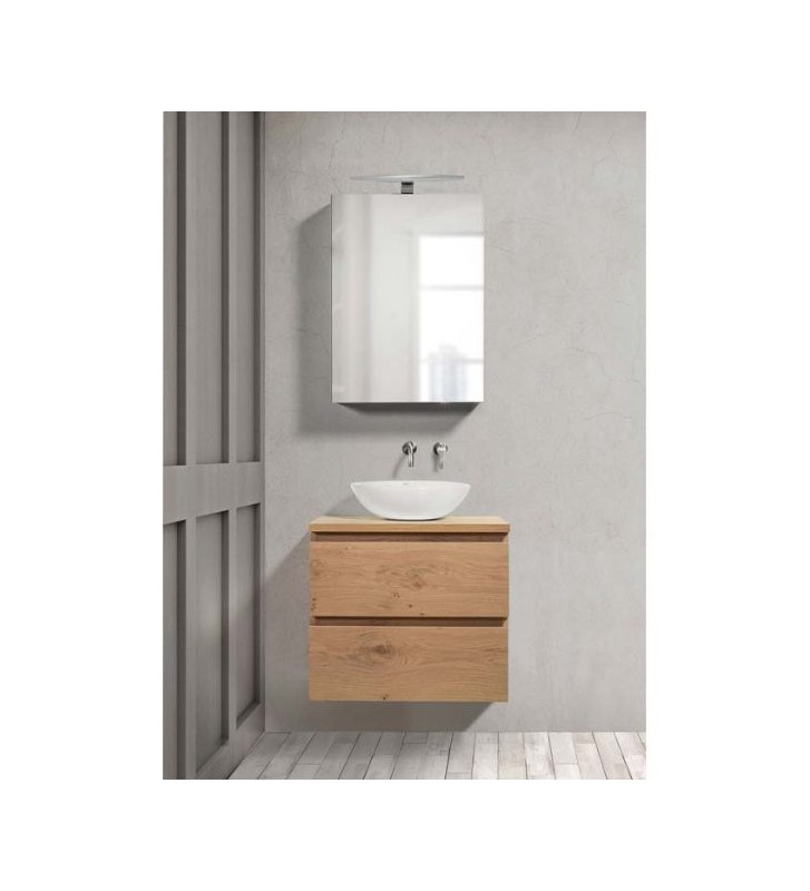 Έπιπλο Μπάνιου με επένδυση καπλαμά δρυς Single 060 Βάση 60x60 cm καθρέφτης 50x70cm