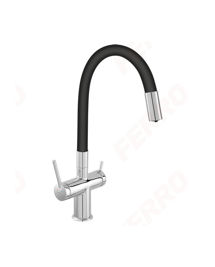 Three-Way Countertop Sink Mixer (suitable for connection to a water filter) Tall Ferro Filtrata Black BFT41B with Flexible Spout