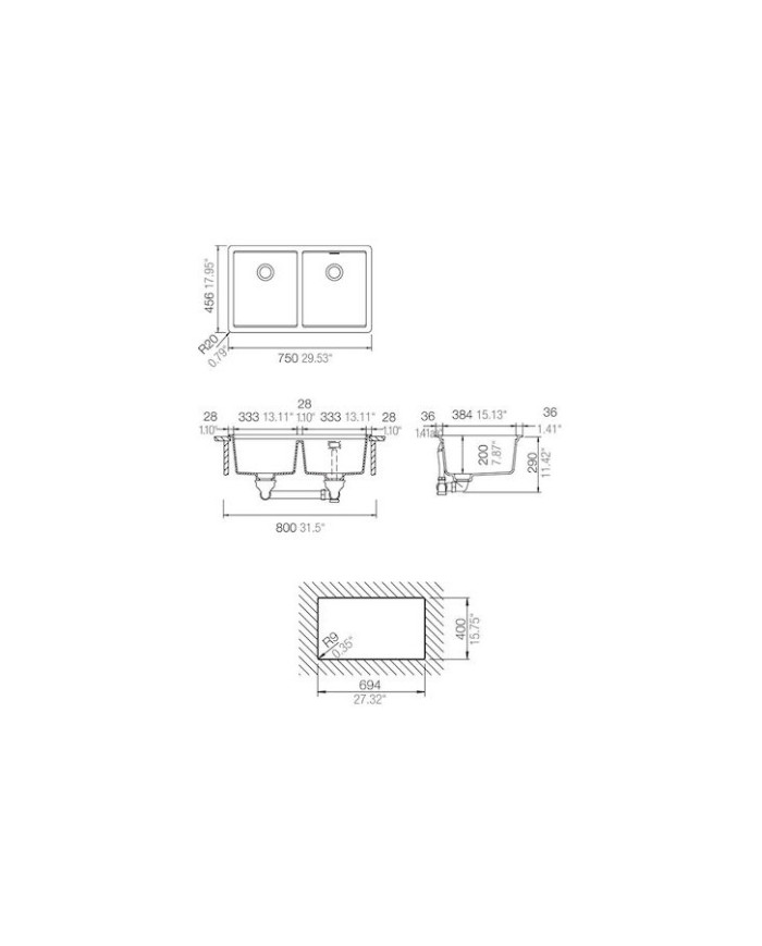 Schock Cristalite Manhattan Concrete Undermount Sink Two Bowls 75x45.6cm.