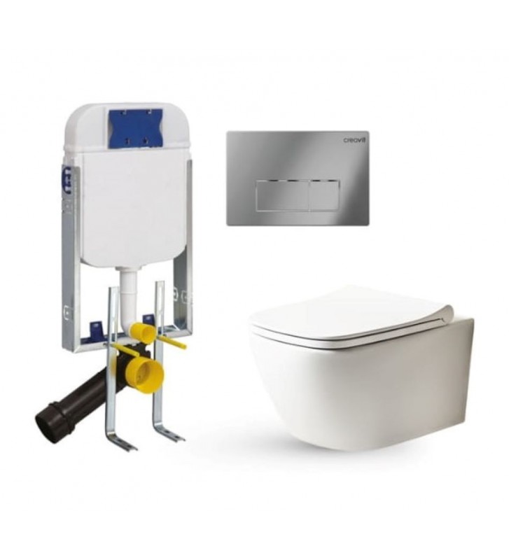 Creavit Set (SET 5001-200) Free Hanging Basin Rim-Off & Wall Mounted Cistern (GR5003) & Chrome Button (GP8004.00) & Cover