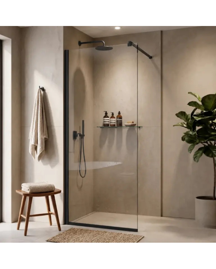 Tema Slim Profil Black Matt Fixed Shower Partition, Clear Nanotechnology-Treated Glass,Support Bar, 70x195 cm (WAS 70195 N)