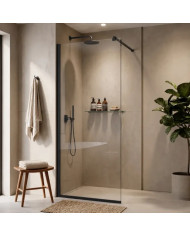 Tema Slim Profil Black Matt Fixed Shower Partition, Clear Nanotechnology-Treated Glass,Support Bar, 70x195 cm (WAS 70195 N)