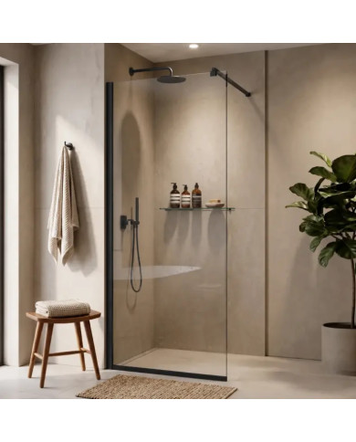 Tema Slim Profile Black Matt Fixed Shower Partition, Clear Nanotechnology-Treated Glass & Support Bar, 100x195cm (WAS 100195 N)