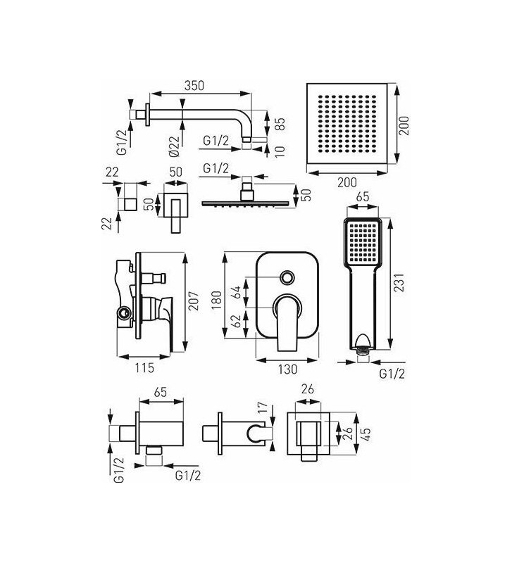 Ferro Algeo Square Two-Exit Built-in Mixer Set with Bell and Telephone (BAQ7P-SET1-S)