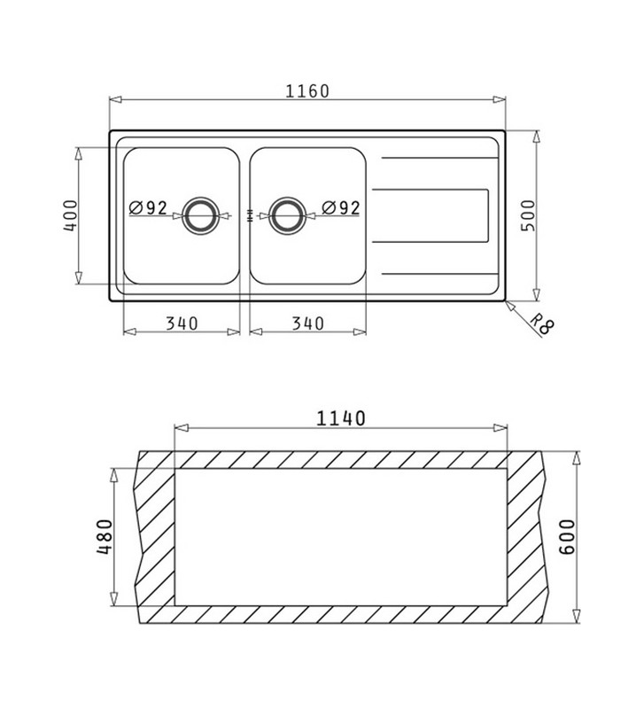 Pyramis Inox Alea 2B 1D Sink (116X50) Polished Reversible