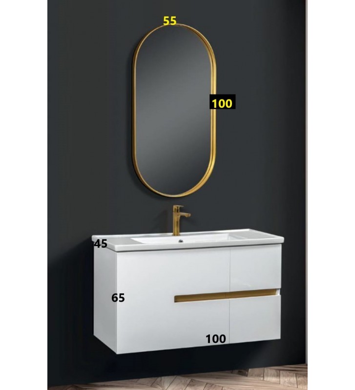 Έπιπλο Μπάνιου Four 100 MDF Γυαλιστερής Λάκας βάση, νιπτήρας, καθρέπτης