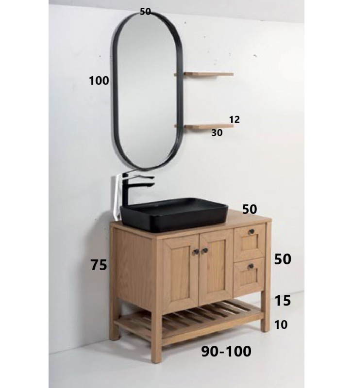 Nefeli 90-100 Bathroom Furniture from Marine Plywood with Oak Veneer, Base, Sink, Mirror