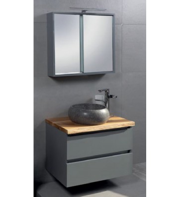 Bathroom Furniture Katarina New (80 cm) from MDF, Solid Oak Bench, Mirror Cabinet with sliding Doors