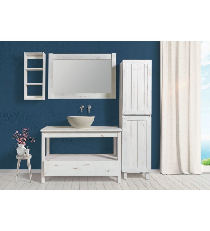 Bathroom Furniture Amaryllis White 110 Solid Pine Wood with Patina Style, Base, Mirror, Cabinet & Column