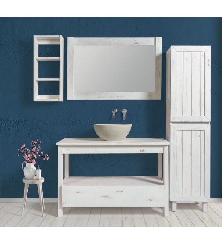 Bathroom Furniture Amaryllis White 110 Solid Pine Wood with Patina Style, Base, Mirror, Cabinet & Column