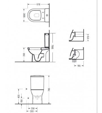 Serel Vela PC Set Basin With Bidet System with Cistern, Mechanism & Bakelite Cover (61cm) White Rear Mouth