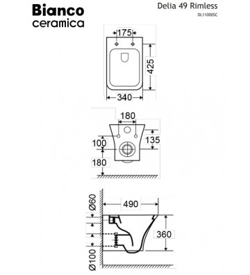 Hanging Basin Rimless Bianco Ceramica Delia with Bakelite Cover (49cm)