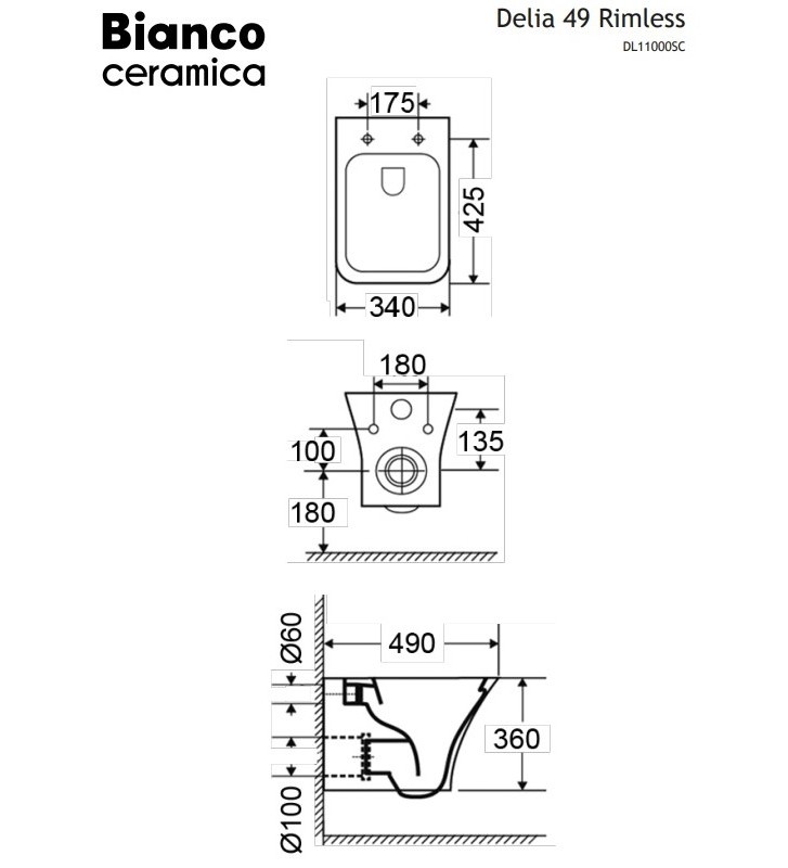 Hanging Basin Rimless Bianco Ceramica Delia with Bakelite Cover (49cm)