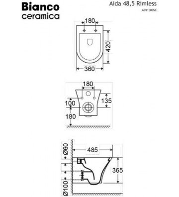 Hanging Basin Rimless Bianco Ceramica Aida with Bakelite Cover (48.5cm)