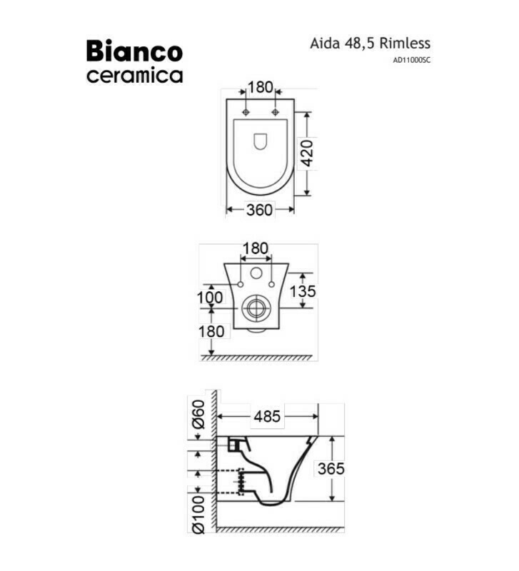 Hanging Basin Rimless Bianco Ceramica Aida with Bakelite Cover (48.5cm)