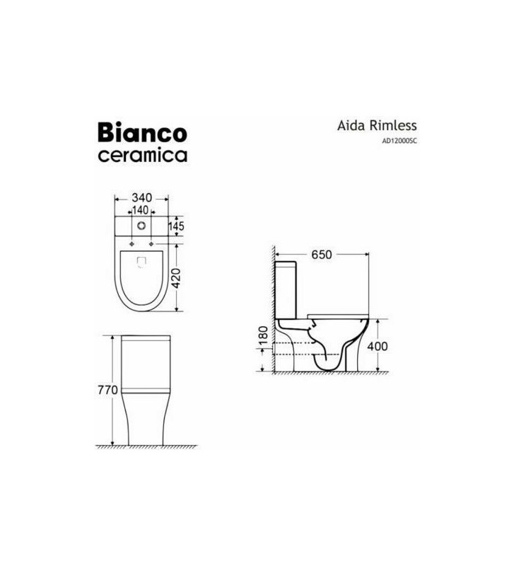 Basin Set Bianco Ceramica AIDA Rimless with Cistern with Slim Cover Soft Close, Rear Fountains