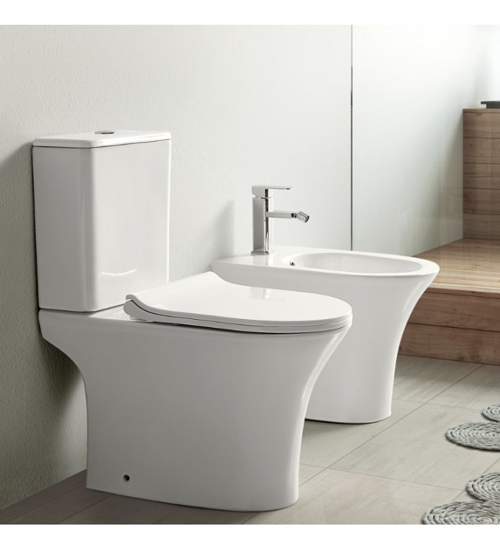 Basin Set Bianco Ceramica AIDA Rimless with Cistern with Slim Cover Soft Close, Rear Fountains