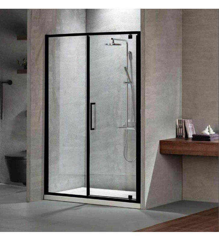 Cabin Opening Entrance Door Clear Crystal Devon Primus Pivot Infill Black matt h.195 Clean Glass