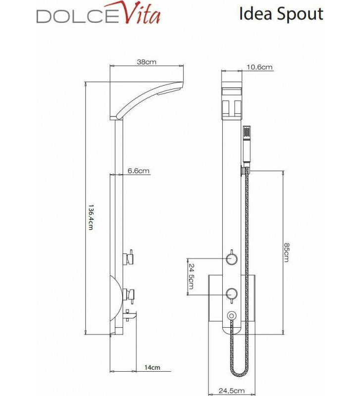 Στήλη  Ντους Dolce Vita Idea Spout Satin Θερμομικτική από μασίφ Αλουμίνιο 3 Εξόδων  Ύψος 136,4cm