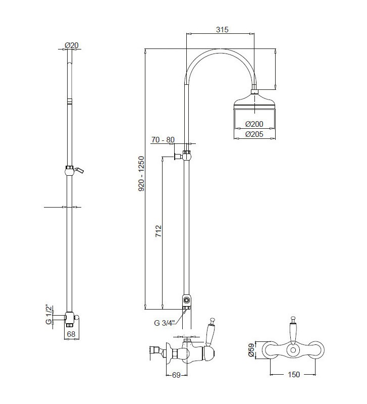 Retro Bronze Bugnatese Oxford Shower Column With Faucet & Tilting Head & Phone Holder (CD6336-220300)