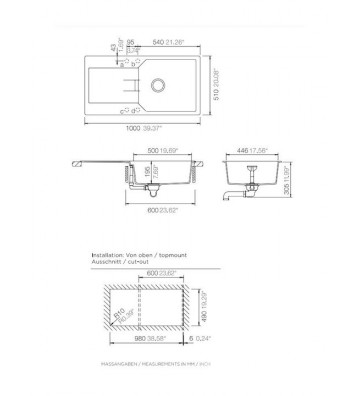 Νεροχύτης Ένθετος Schock Cristalite Manhattan Αντιστρεφόμενος με Μία Γούρνα και Ποδιά 100x51cm