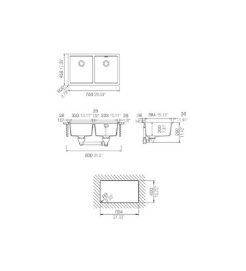 Νεροχύτης Υποκαθήμενος Schock Cristalite Manhattan Δύο Γούρνες 75x45,6εκ.