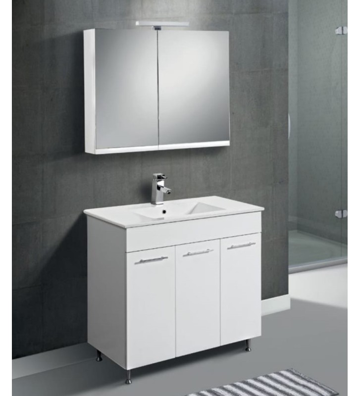Apia Bathroom Furniture MDF Lacquer White base, washbasin, mirror-hidden cabinet