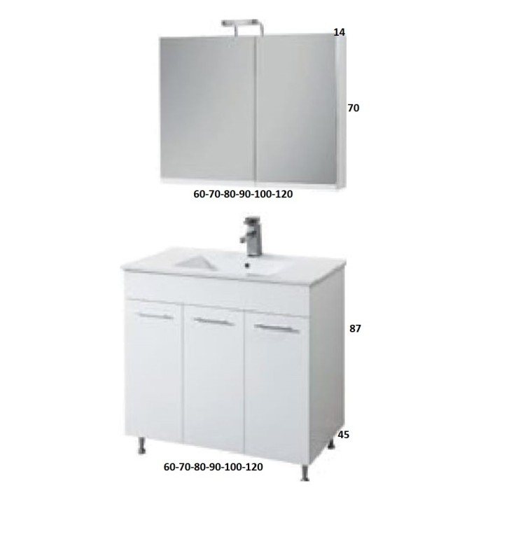 Apia Bathroom Furniture MDF Lacquer White base, washbasin, mirror-hidden cabinet