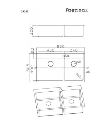 Νεροχύτης Ανοξείδωτος Ένθετος Λείος (Satin) Fortinox Squadro (86x50,5εκ.) με Δύο Γούρνες (29285-110)