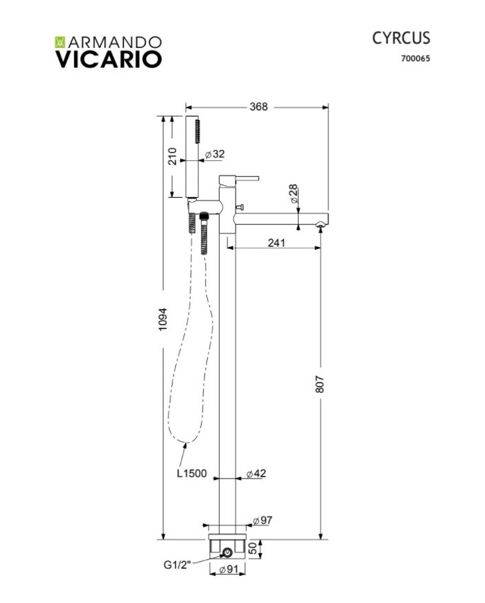 Επιδαπέδια Μπαταρία Λουτρού - Μπανιέρας Armando Vicario Cyrcus Inox Finish με Βάση Τηλεφώνου και Άθραυστο Σπιράλ