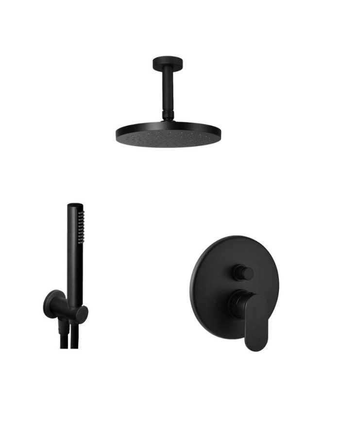 Built-in Bathroom Set Armando Vicario Slim Black Matt 2 Outlet Mixer & Ceiling Head Round Ø20cm & Telephone with Bracket