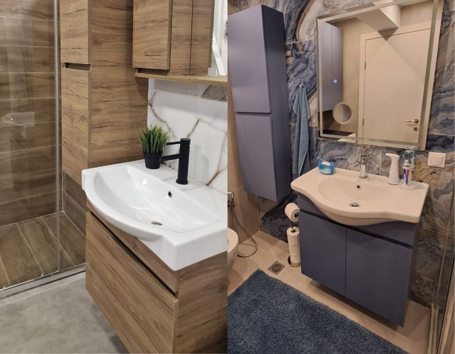 Διαφορετικά έπιπλα μπάνιου σε ξεχωριστούς χώρους που δείχνουν πώς ο σχεδιασμός επηρεάζει την τιμή